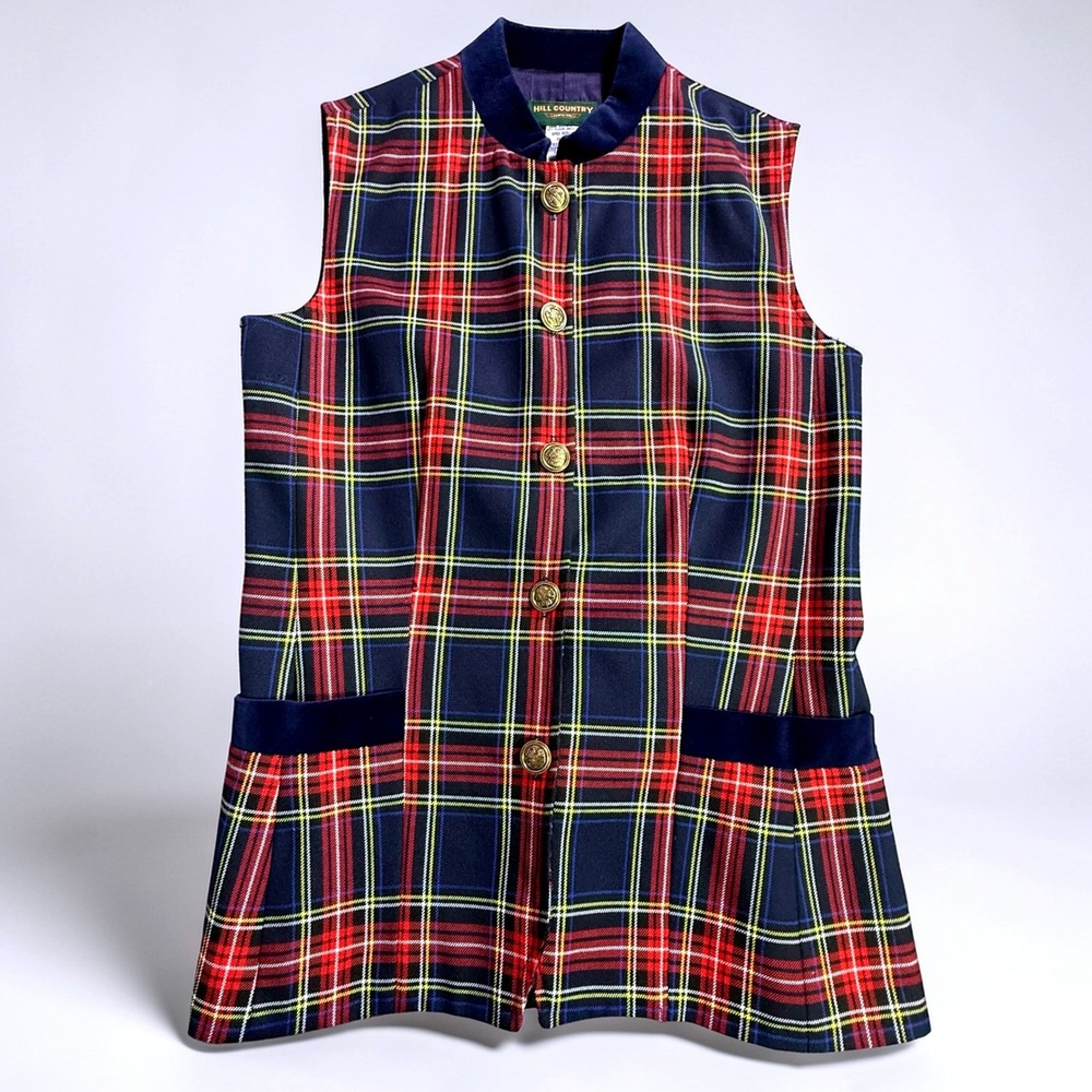 VTG Hill Country Clothiers Plaid Vest Women Size 6 Blue Red Tartan Velvet Trim